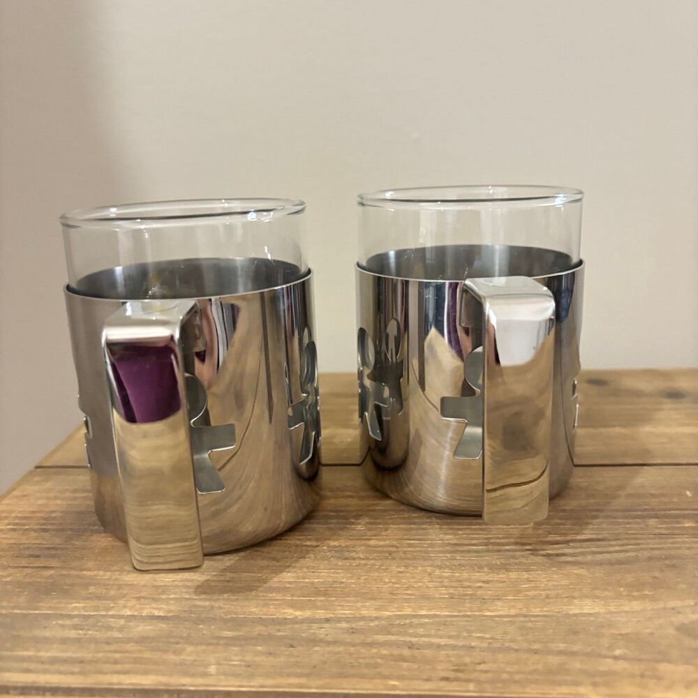 Vintage Alessi Postmodern Girotondo Design Mug Stainless Steel Glass Set of 2 - Picture 2 of 8